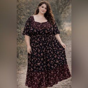 Vintage 90’s- plus size boho - cotton Floral Black and Red maxi Dress -pockets
